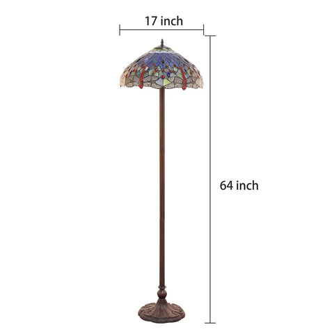 Blue Tiffany Style Floor Lamp 64 Inch Tall With Stained Glass Shade and 17 Inch Width, Resin and Aluminum Base