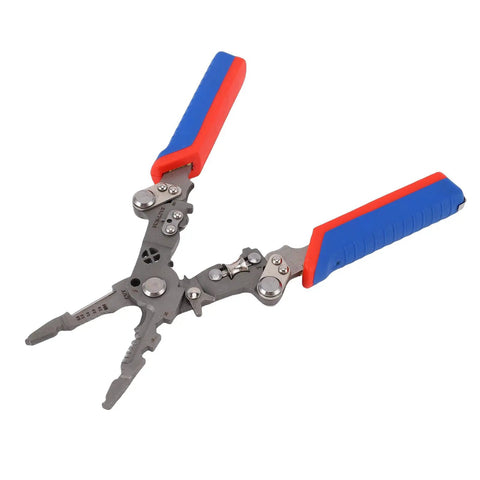 Yunseity 16 In 1 Folding Wire Stripper Pliers Crimper Tool Heavy Duty Electrical Voltage Tester Alarm For Electricians And Homeowners Multifunctional And Compact with blue and red rubber handles.