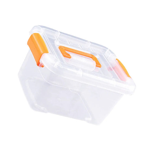 Truly Heavy Duty Clear Plastic Storage Bin With Snug Latching Lid Game Changer For Decluttering Every Room with orange latch 21 Liter Size.