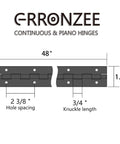 Image of a 48-inch black stainless steel piano hinge with labeled dimensions for cabinets and doors, suitable for DIY wood boxes, rust-resistant finish.