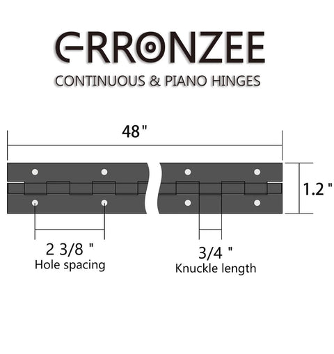 Image of a 48-inch black stainless steel piano hinge with labeled dimensions for cabinets and doors, suitable for DIY wood boxes, rust-resistant finish.