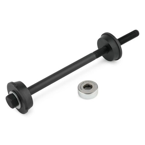Steering head cup stem installer tool for Harley-Davidson motorcycles, black rod with threaded ends and bearing race
