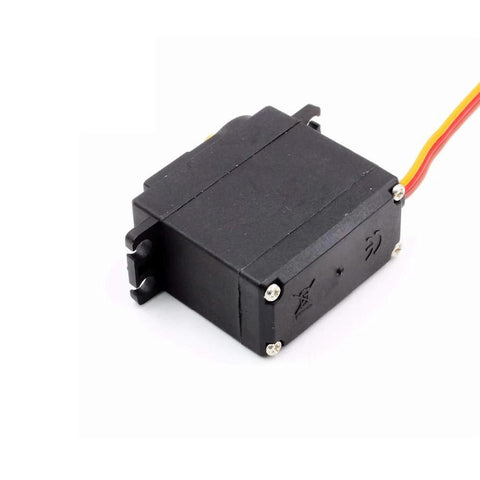 MG996R servo motor with black plastic housing and red/yellow wiring, side view