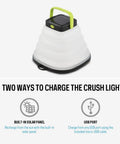 Crush Light Solar Powered Camping Lantern with collapsible design showing USB port and solar charging panel
