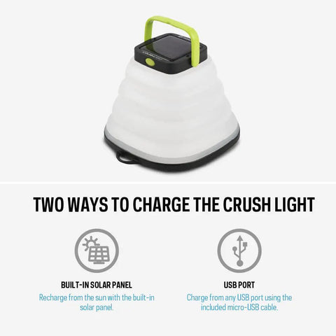 Crush Light Solar Powered Camping Lantern with collapsible design showing USB port and solar charging panel
