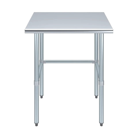 24 Inch By 30 Inch Heavy Duty Stainless Steel Work Table With Open Base For Commercial Kitchens And Garage Workshops front view showing sturdy frame.