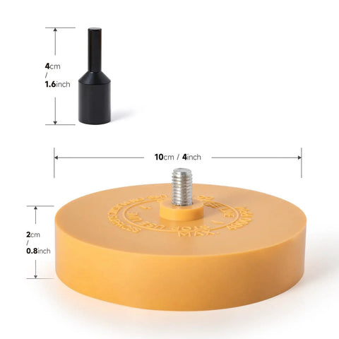 Eraser Wheel for Drill Decal Remover With Adapter DIY Razor Blade Scraper Kit size details, showing wheel and adapter dimensions