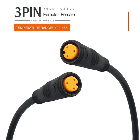 3Pin waterproof ebike extension cable with dual female connectors, black and orange.