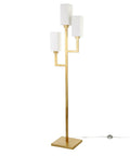 Three Light Torchiere Floor Lamp With White Fabric Shade And Brass Finish, Classic Geometric Metal Base