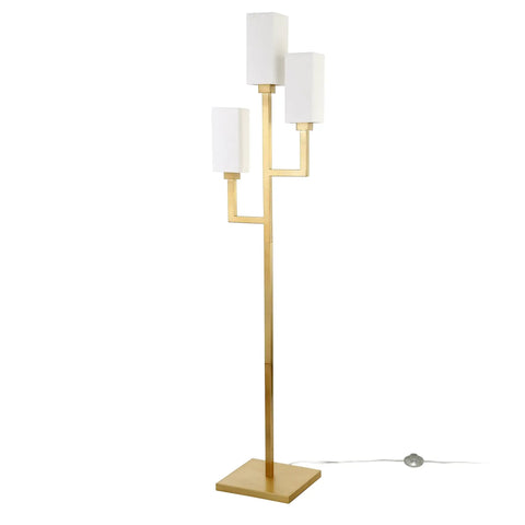 Three Light Torchiere Floor Lamp With White Fabric Shade And Brass Finish, Classic Geometric Metal Base