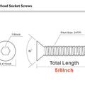 Diagram showing dimensions of Flat Head Socket Cap Screws Ten To Twenty Four By Five Eighths Inch Allen Hex Drive Stainless Steel 304.
