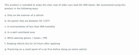Front view: Shiny Car Stuff Hand-Applied Clear Coat usage instructions text on white background