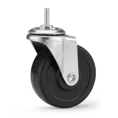 Heavy Duty Three Inch Caster Wheels Set Of Four Universal Threaded Stem fits quarter inch with a smooth black rubber wheel.