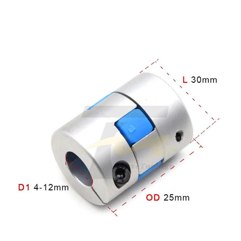 One Piece Three Jaw Flexible Shaft Coupling D25L30 Aluminum Motor Connector For Pneumatic CNC Equipment 5 To 12 Mm Bore Size side view showing dimensions and features.
