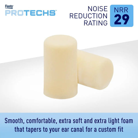 Ultra Comfortable Foam Ear Plugs 100 Pair For Sleep Snoring Shooting Work Travel Concerts Construction Studying Disposable Noise Reduction NRR 29 New Formula, showing two beige plugs with NRR 29 rating