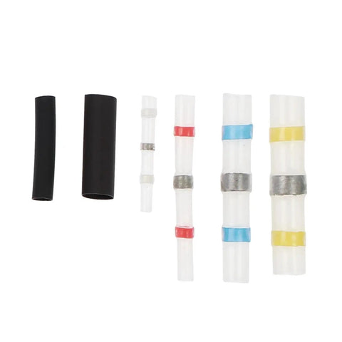 Super Cool 100 Piece Heat Shrink Insulated Soldering Tube Kit With Cable Crimp Connectors For Pro Electrical Work And DIY Repairs That Will Save You Time and Money On the Job Or AtHome Today. black and white heat shrink tubes with color coded crimp connectors