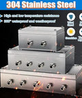 Stacked Weatherproof 304 Stainless Steel Junction Boxes with multiple cable glands, ideal for outdoor enclosures and control panels.