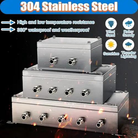 Stacked Weatherproof 304 Stainless Steel Junction Boxes with multiple cable glands, ideal for outdoor enclosures and control panels.