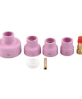 Cool Welder Upgrade Kit: 7Pc Stubby Gas Lens Ceramic Cup Set For WP-17/18/26 TIG Torch showing various ceramic cups and collet.