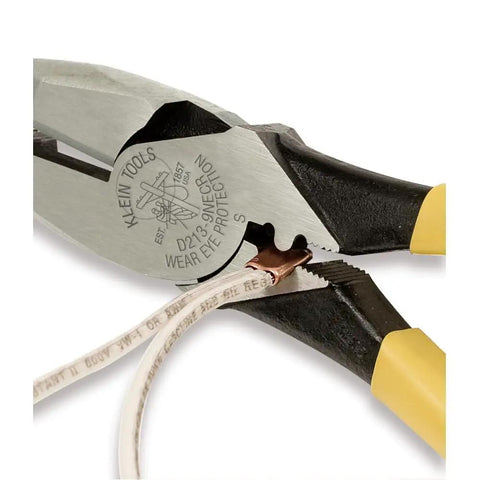 Lineman Crimping Pliers 9 Inch High Leverage Tool Induction Hardened Steel Made In USA cutting a wire with ease