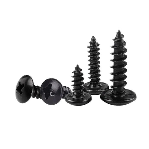 Heavy Duty M5 X 12mm Self Tapping Wood Screws In A 20 Piece Pack featuring black carbon steel build with round flanged heads.