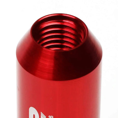 Close-up of red 16 Piece 7075 Aluminum Open End Lug Nuts M12 X 1.5 With 4 Lock Nuts And Key Red Conical Seat Heavy Duty Anodized Finish