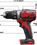 Heavy Duty 18 Volt Cordless Rig showcasing a 7.3 inch half inch drill with 500 in-lbs torque and variable speed trigger.