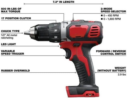 Heavy Duty 18 Volt Cordless Rig showcasing a 7.3 inch half inch drill with 500 in-lbs torque and variable speed trigger.