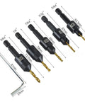 12-piece titanium-coated countersink drill bit set with hex shanks and included Allen wrench for woodworking