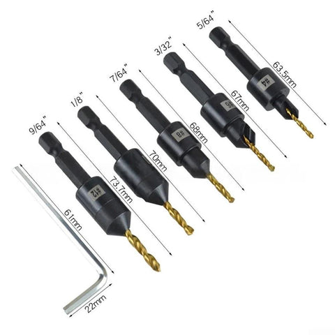 12-piece titanium-coated countersink drill bit set with hex shanks and included Allen wrench for woodworking