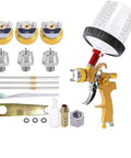 Heavy Duty Pneumatic Paint Spray Gun Set 3 Piece Kit With Solid Kickin Airflow And Slick Finish Tech showing spray gun and nozzles.