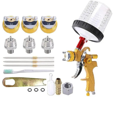 Heavy Duty Pneumatic Paint Spray Gun Set 3 Piece Kit With Solid Kickin Airflow And Slick Finish Tech showing spray gun and nozzles.