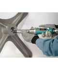 One Horsepower Straight Line Extension Die Grinder works on a metal part for precise deburring and finishing tasks.