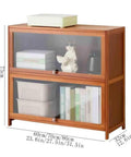 Two Tier Bamboo Desk Book Shelf With Hovering Clear Plastic Door Organizer Rack showing dimensions and storage