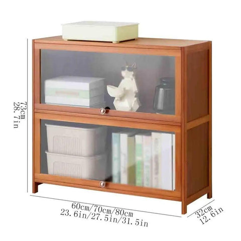 Two Tier Bamboo Desk Book Shelf With Hovering Clear Plastic Door Organizer Rack showing dimensions and storage