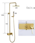 Wall Mounted Exposed Shower System Brushed Gold 3 in 1 with dimensions, showcasing rainfall head, handheld sprayer, and control.