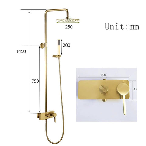 Wall Mounted Exposed Shower System Brushed Gold 3 in 1 with dimensions, showcasing rainfall head, handheld sprayer, and control.