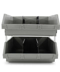 Extra Large Stackable Storage Bins Two Pack With Heavy Duty Polypropylene Build For Big Time Bulk Storage In Gray With Hangable And Side Connect Design For Garage Shop Warehouse And Home Organization Measuring 16.5 By 14.5 By 6.9 Inches, front view.