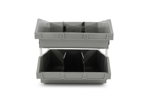 Extra Large Stackable Storage Bins Two Pack With Heavy Duty Polypropylene Build For Big Time Bulk Storage In Gray With Hangable And Side Connect Design For Garage Shop Warehouse And Home Organization Measuring 16.5 By 14.5 By 6.9 Inches, front view.