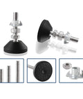 Heavy Duty Swivel Furniture Leveling Feet With M8 And M10 Threads And Tough Nylon Bases showing threaded rods and rubber bases.