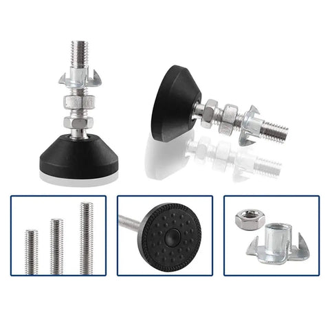 Heavy Duty Swivel Furniture Leveling Feet With M8 And M10 Threads And Tough Nylon Bases showing threaded rods and rubber bases.