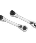 Heavy Duty Mini Ratchet Wrench 2 Pc Double Ended Socket Set Featuring A Smooth 72 Tooth Quick Release Drive and Compact Short Handle, shiny chrome finish.