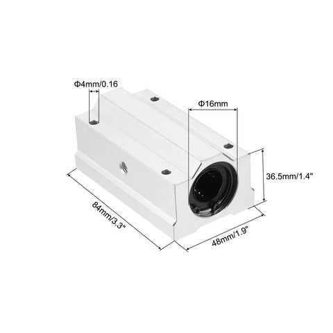 Smooth Ride SCS16LUU Linear Motion Ball Bearing Slide Bushing Set For 16mm Round Shaft Built Like A Tank Aluminum Block Zero Friction Glide For CNC Projects And 3D Printers 84mm Long, detailed dimensions of the aluminum slide mount from the side.