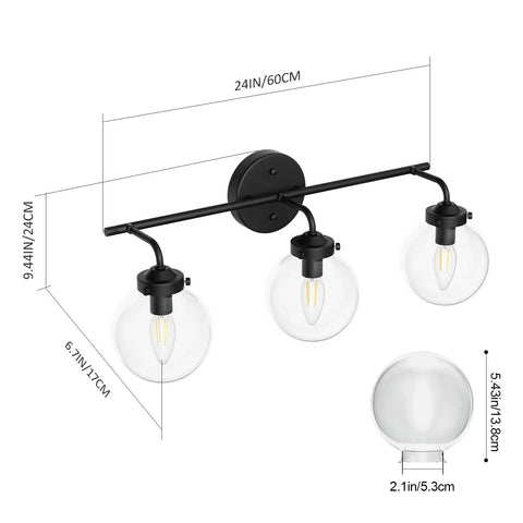 Three Light Dope Matte Black Vanity Light Fixtures With Industrial Glass Globe For Bathroom Wall Mount Vintage Style
