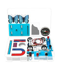 Seventeen Magnet Set for Kids With Electromagnet and Basic Circuit Tools in box with compass and butterfly illustrations.