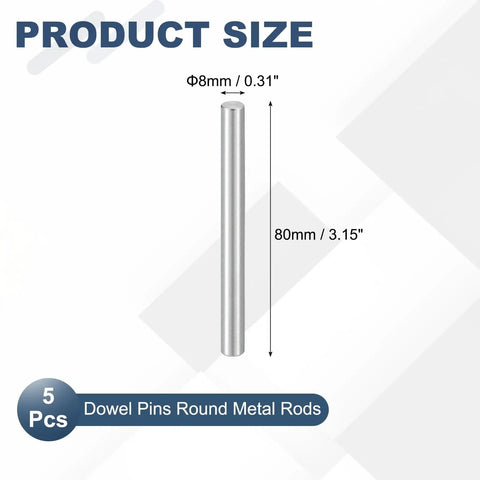 Heavy Duty Marine Grade 316 Stainless Steel Dowel Pins 8mm By 80mm Set Of 5 shown vertically with size dimensions.