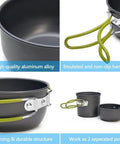 Camping Cookware Set For 1 To 2 People, Aluminum Outdoor Cooking Kit with heat insulated foldable handles, durable non-slip design
