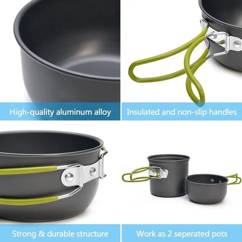 Camping Cookware Set For 1 To 2 People, Aluminum Outdoor Cooking Kit with heat insulated foldable handles, durable non-slip design
