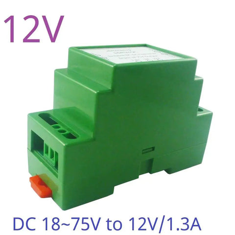 DIN Rail Isolated Plug-and-Play DC-DC Converter Module 18-75V Input To 12V, Rugged Industrial Power Supply in green casing