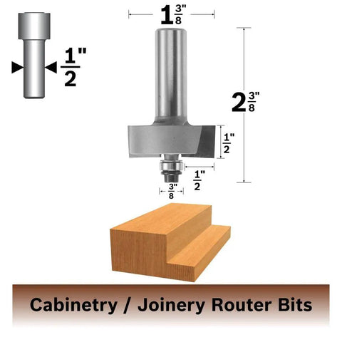 Half inch shank rabbeting router bit, 2 3/8 in height for clean cuts in woodworking projects, engineered for pro-level finishing.